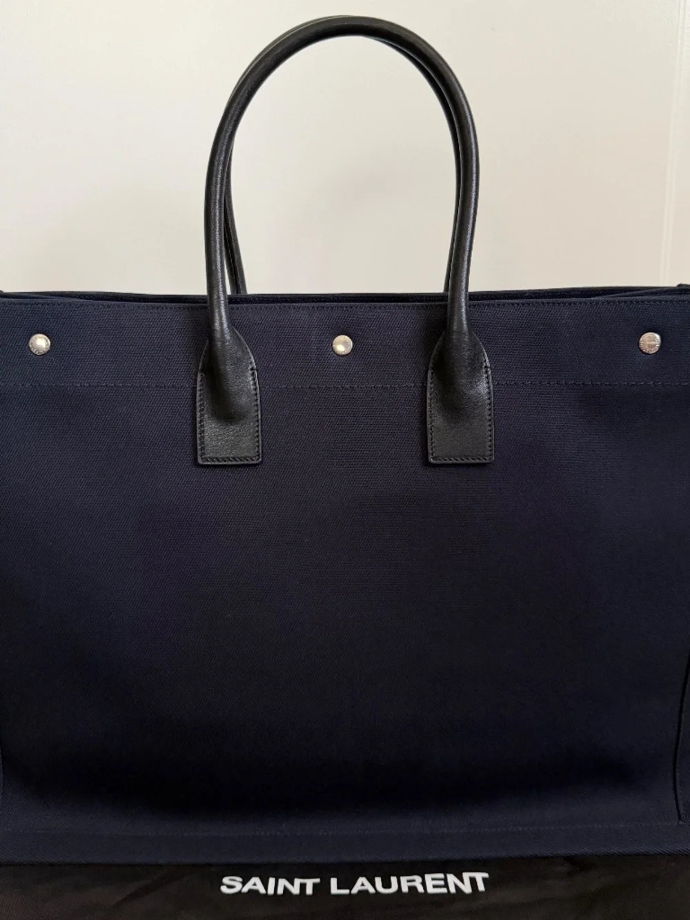 Saint Laurent YSL Rive Gauche Navy Black Canvas Logo Leather Tote Bag
